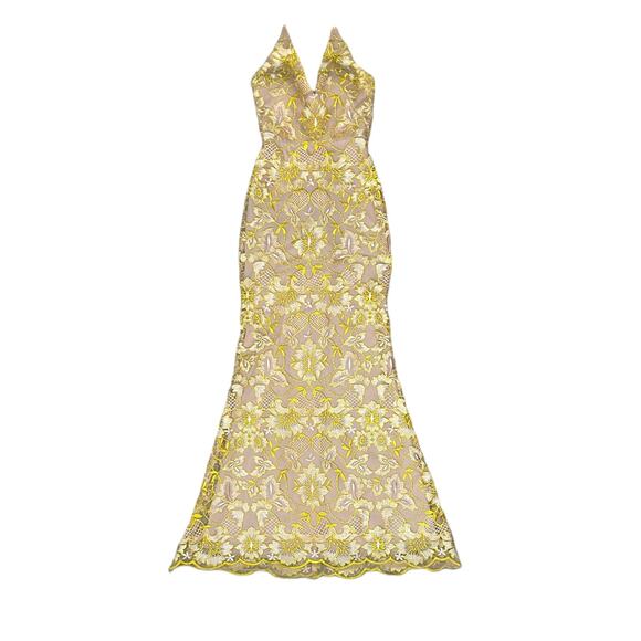 GB Gianni Bini | Yellow & Nude Embroidered Floral Prom Formal Trumpet Maxi Gown - Picture 2 of 12